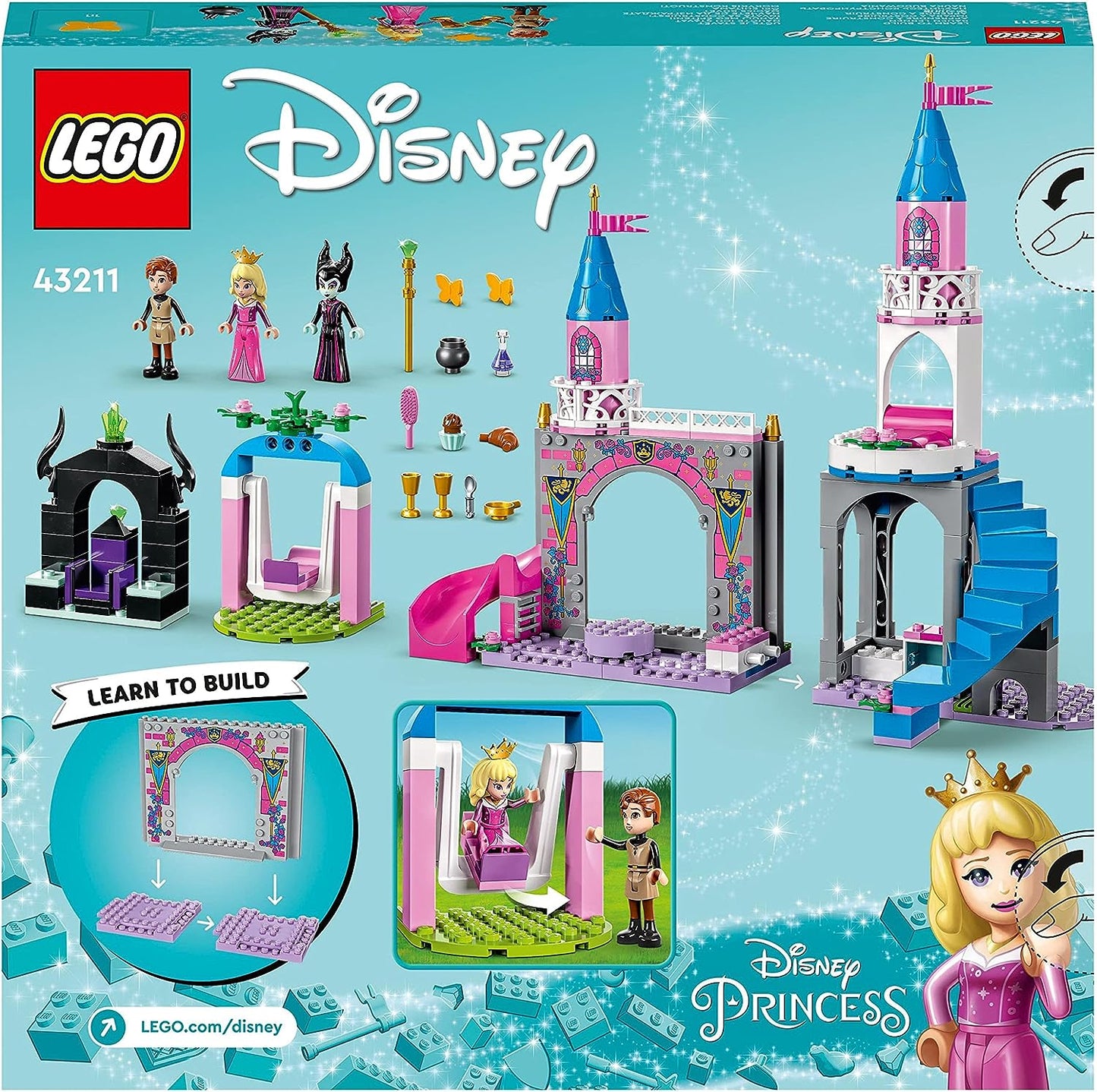 LEGO 43211 Disney Princess Auroras Schloss Spielzeug zum Bauen mit Dornröschen, Prinz Philip & Maleficent