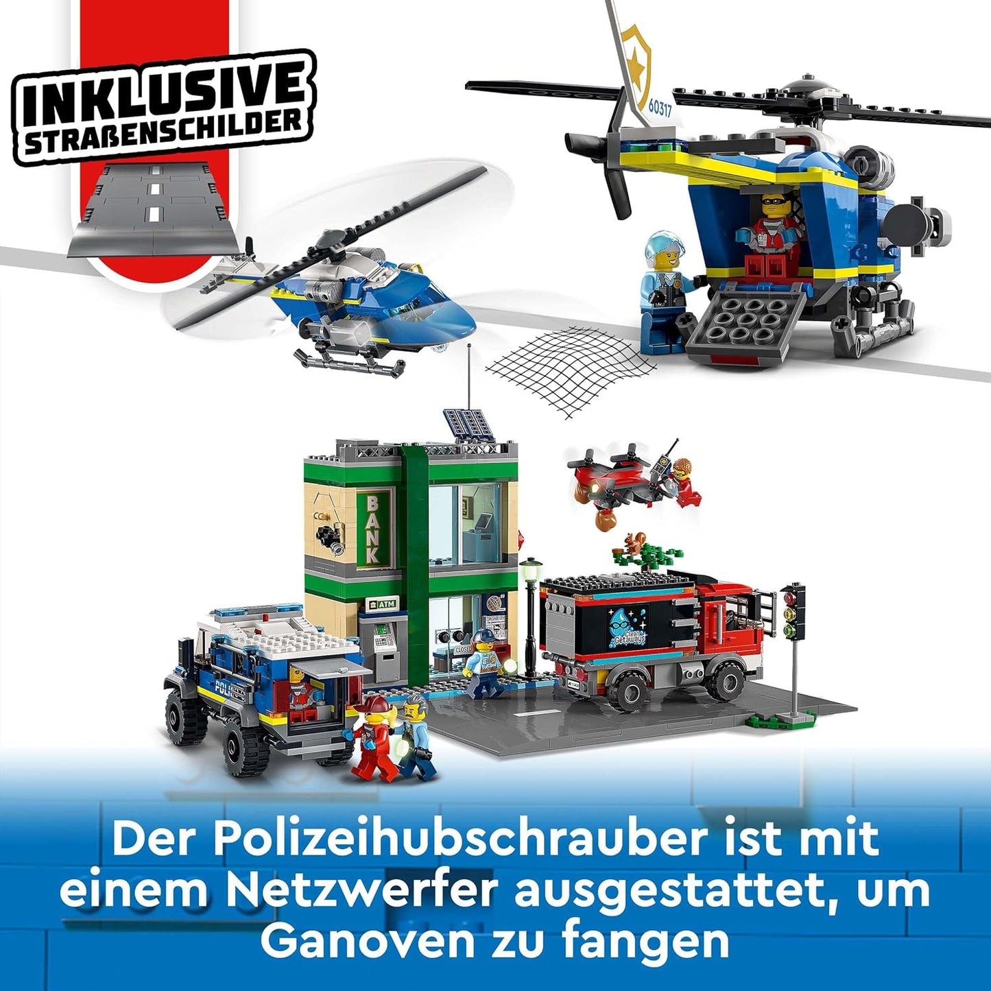 LEGO 60317 City Banküberfall mit Verfolgungsjagd mit Hubschrauber, Drohne und 2 LKWs, Polizei-Set