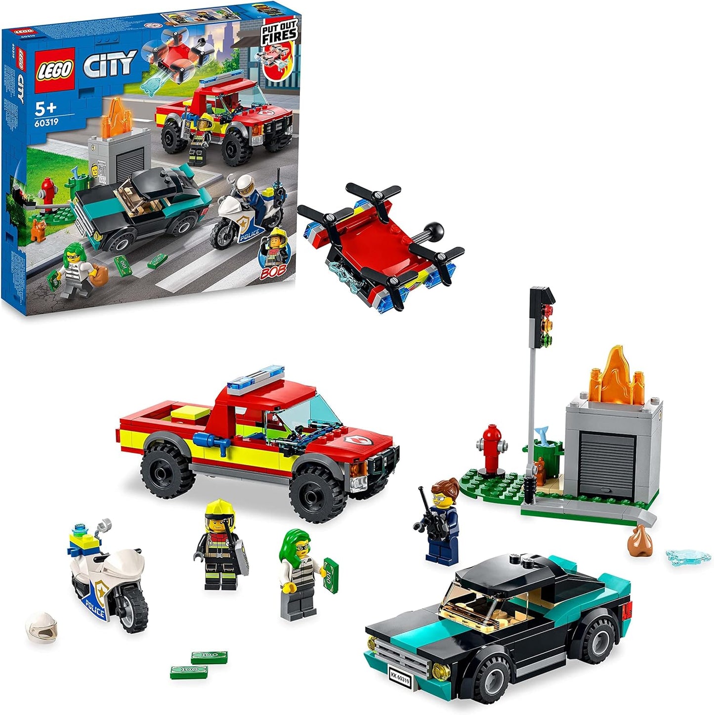 LEGO 60319 City Löscheinsatz und Verfolgungsjagd mit Feuerwehrauto und Motorrad, Polizei- und Feuerwehr