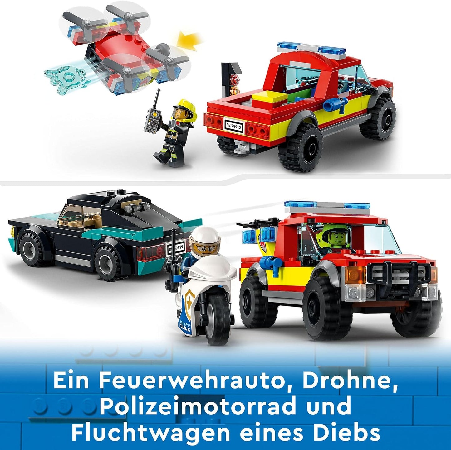 LEGO 60319 City Löscheinsatz und Verfolgungsjagd mit Feuerwehrauto und Motorrad, Polizei- und Feuerwehr