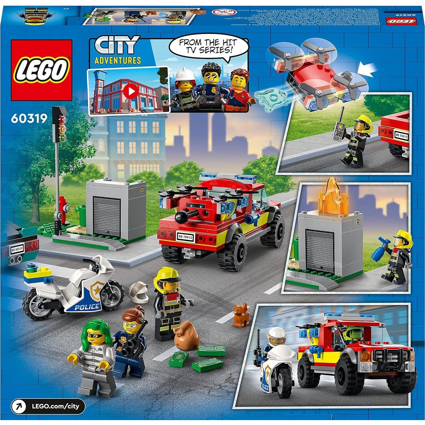 LEGO 60319 City Löscheinsatz und Verfolgungsjagd mit Feuerwehrauto und Motorrad, Polizei- und Feuerwehr