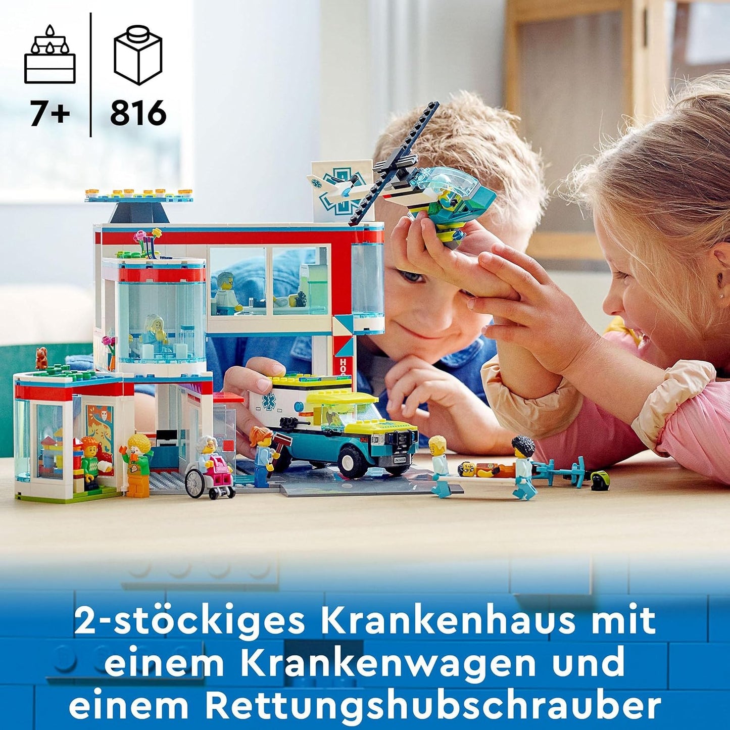 LEGO 60330 City Krankenhaus mit Krankenwagen Rettungshubschrauber und 12 Mini-Figuren