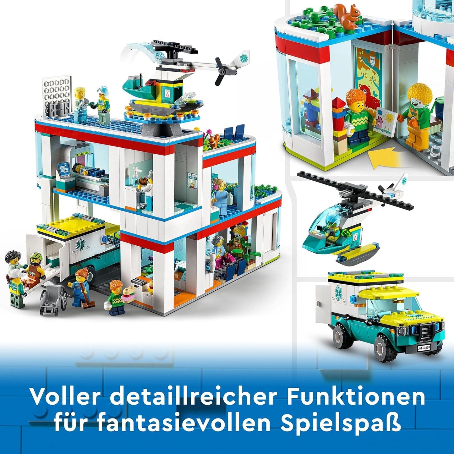 LEGO 60330 City Krankenhaus mit Krankenwagen Rettungshubschrauber und 12 Mini-Figuren