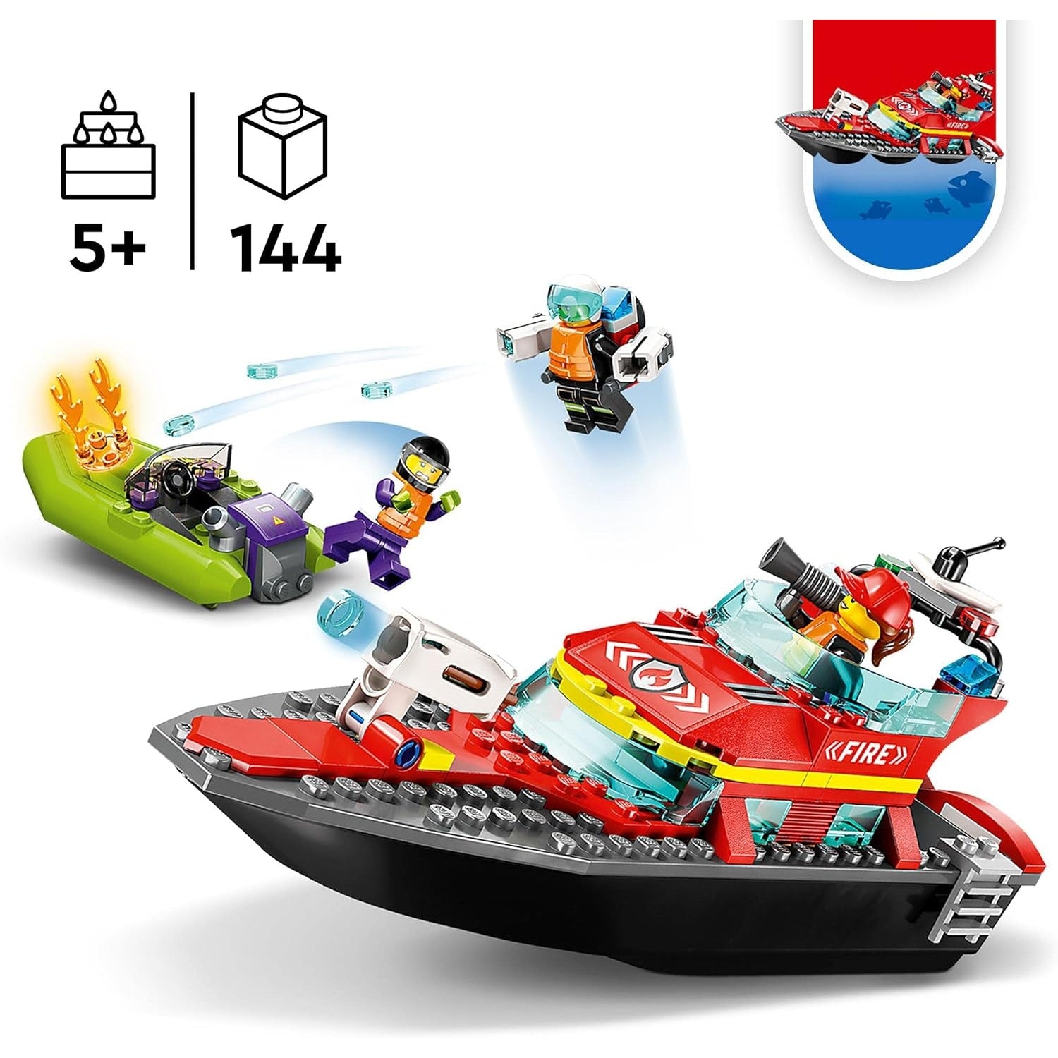 LEGO 60373 City Feuerwehrboot, Rennboot, 3 Minifiguren und Jetpack, Feuerwehr-Boot-Spielzeug