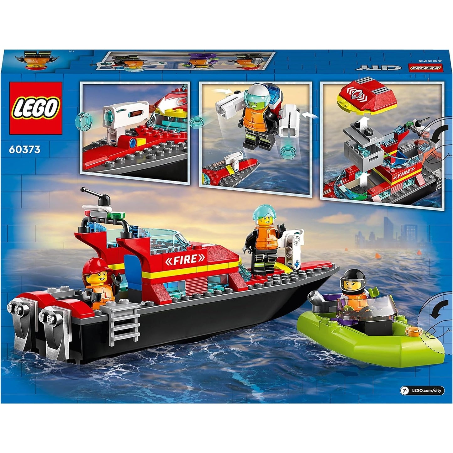 LEGO 60373 City Feuerwehrboot, Rennboot, 3 Minifiguren und Jetpack, Feuerwehr-Boot-Spielzeug