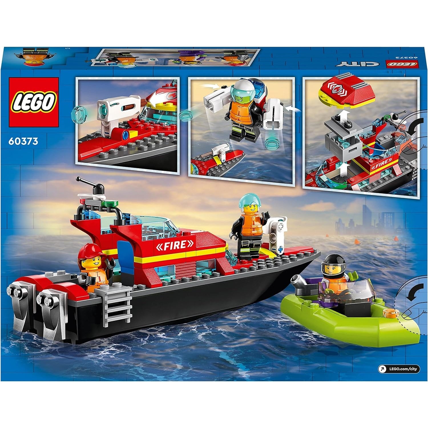 LEGO 60373 City Feuerwehrboot, Rennboot, 3 Minifiguren und Jetpack, Feuerwehr-Boot-Spielzeug