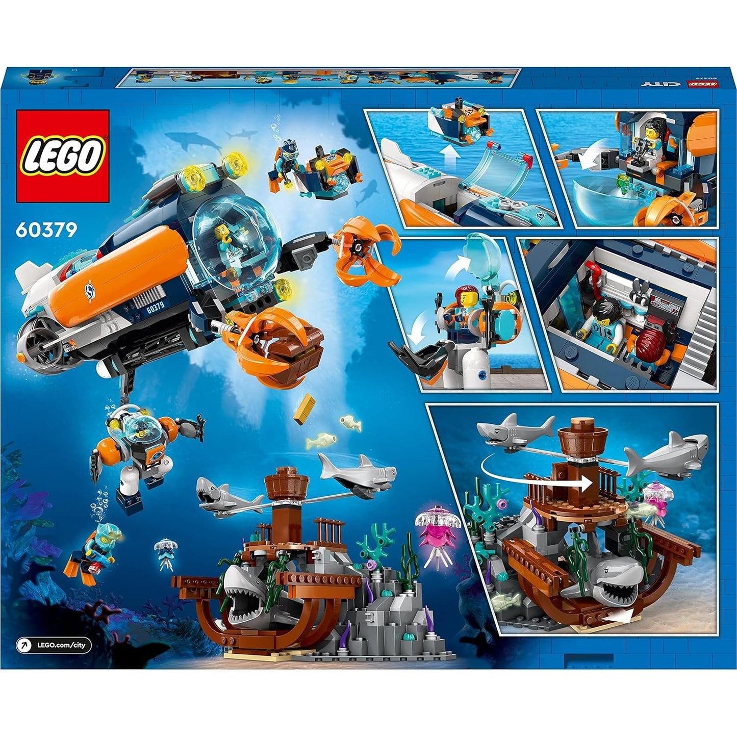 LEGO 60379 City Forscher-U-Boot Spielzeug, Unterwasser-Set mit Drohne, Mech, Minifiguren