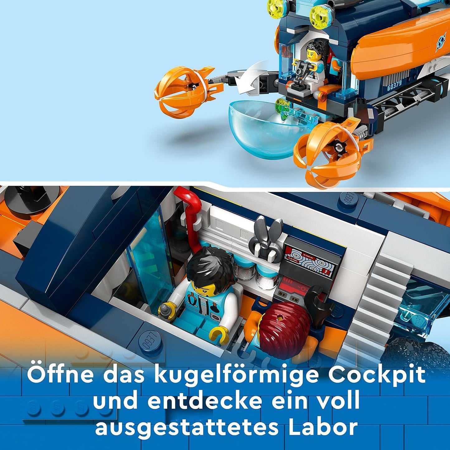 LEGO 60379 City Forscher-U-Boot Spielzeug, Unterwasser-Set mit Drohne, Mech, Minifiguren