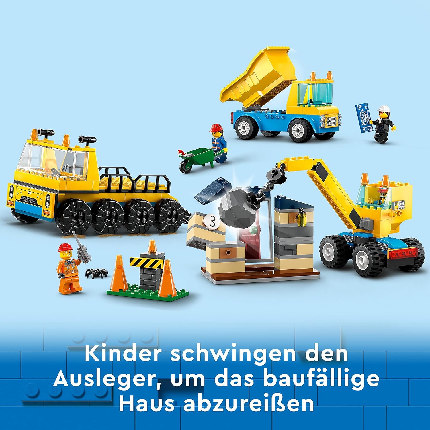 LEGO 60391 City Baufahrzeuge und Kran mit Abrissbirne, Spielzeug mit Bagger, Kipper und Transportfahrzeugen