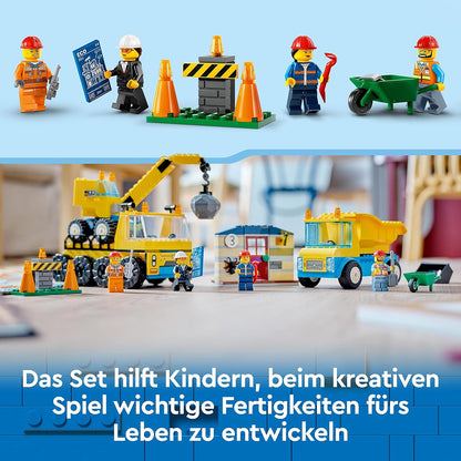 LEGO 60391 City Baufahrzeuge und Kran mit Abrissbirne, Spielzeug mit Bagger, Kipper und Transportfahrzeugen