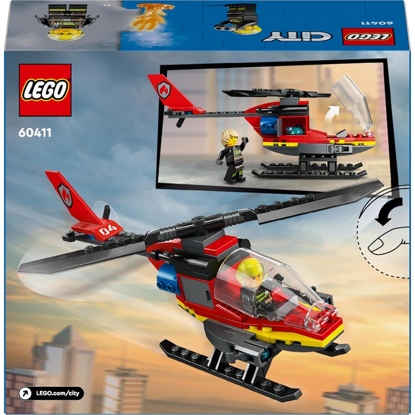 LEGO 60411 City Feuerwehrhubschrauber, Set mit Hubschrauber-Spielzeug und Pilot-Figur