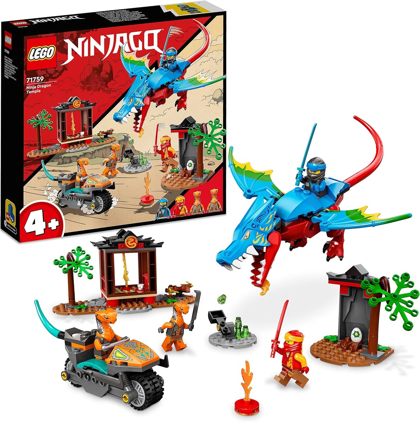 LEGO 71759 NINJAGO Drachentempel Set mit Motorrad, 4 Minifiguren inkl. Kai und NYA Drachen- und Schlangen-Figuren