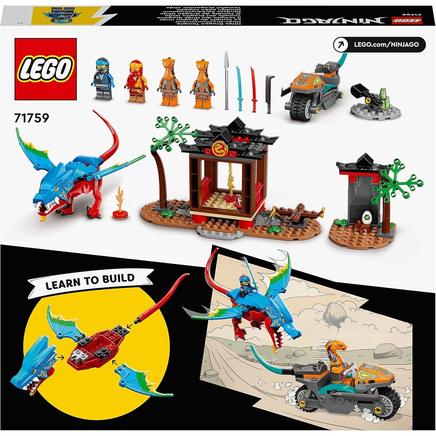 LEGO 71759 NINJAGO Drachentempel Set mit Motorrad, 4 Minifiguren inkl. Kai und NYA Drachen- und Schlangen-Figuren