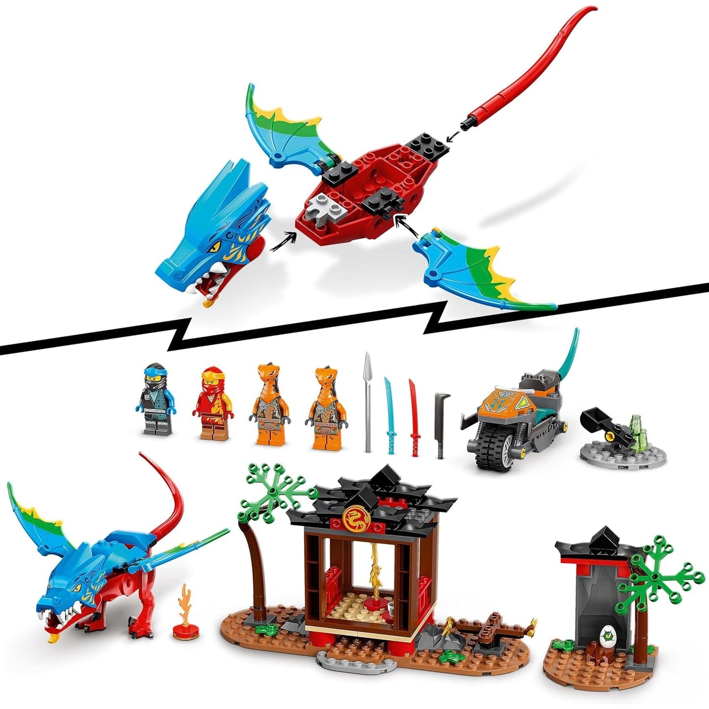 LEGO 71759 NINJAGO Drachentempel Set mit Motorrad, 4 Minifiguren inkl. Kai und NYA Drachen- und Schlangen-Figuren