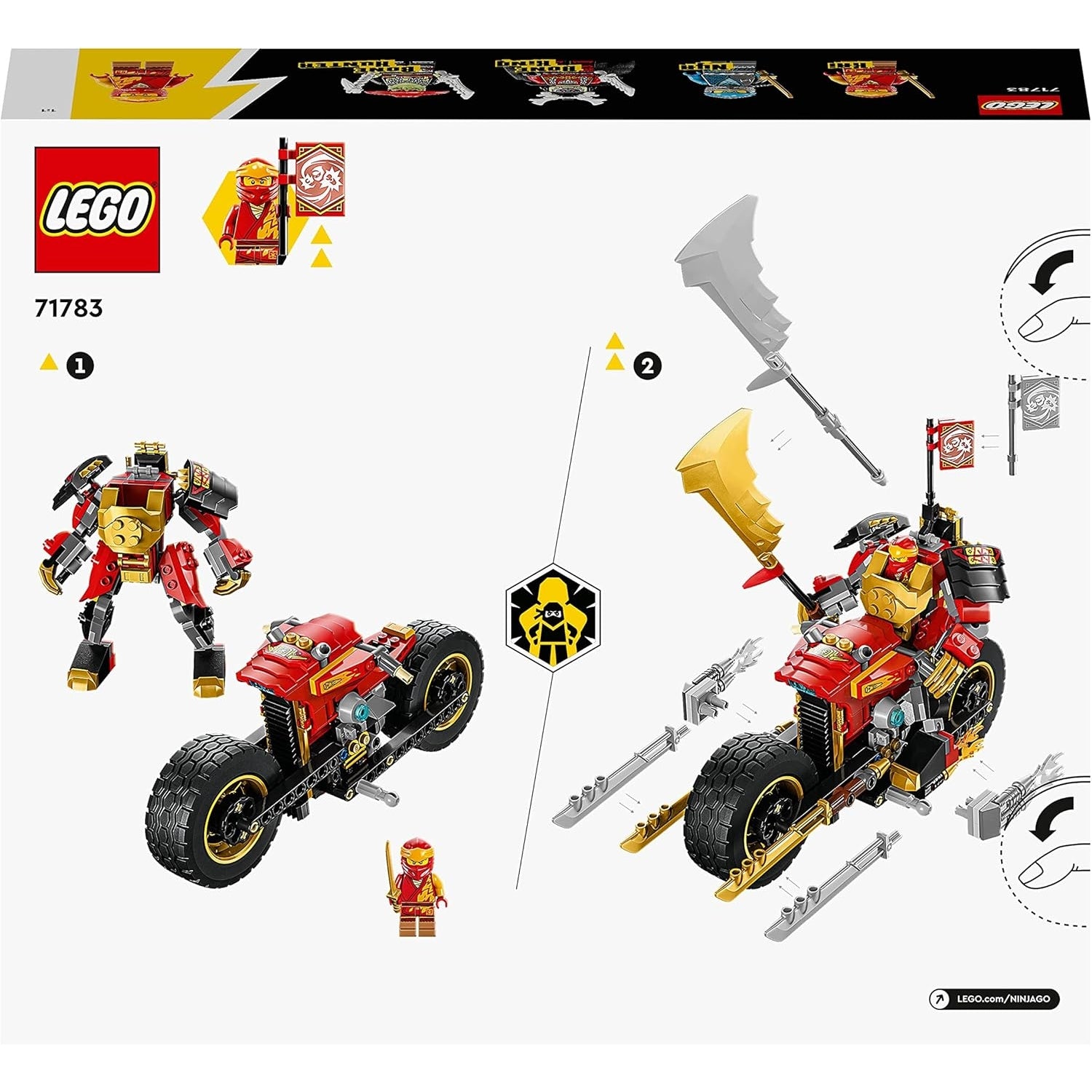 LEGO 71783 NINJAGO Kais Mech-Bike EVO Aufrüstbares Ninja-Motorrad Spielzeug mit 2 Minifiguren