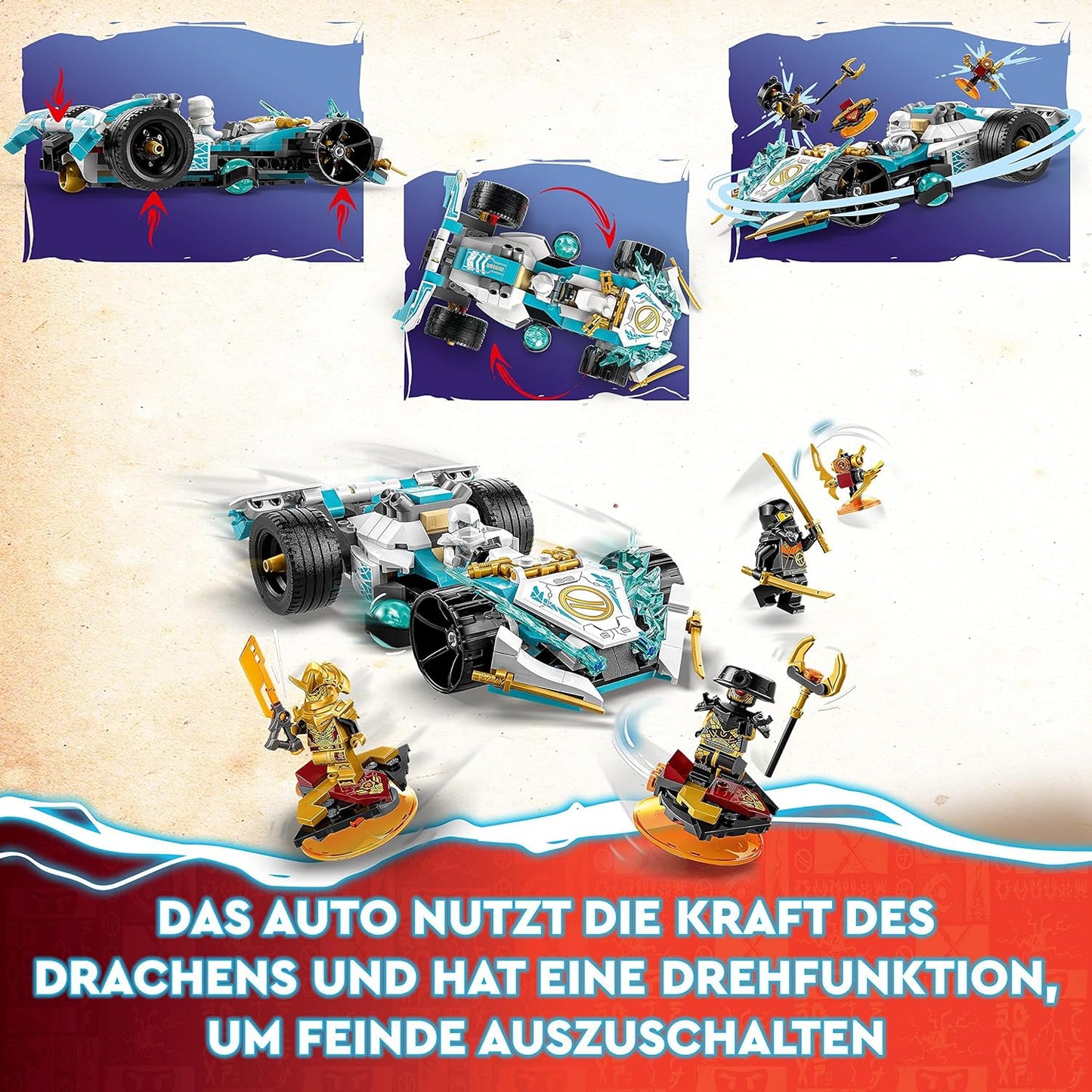 LEGO 71791 NINJAGO Zanes Drachenpower-Spinjitzu-Rennwagen Bausatz mit Spinnfunktion und 4 Minifiguren