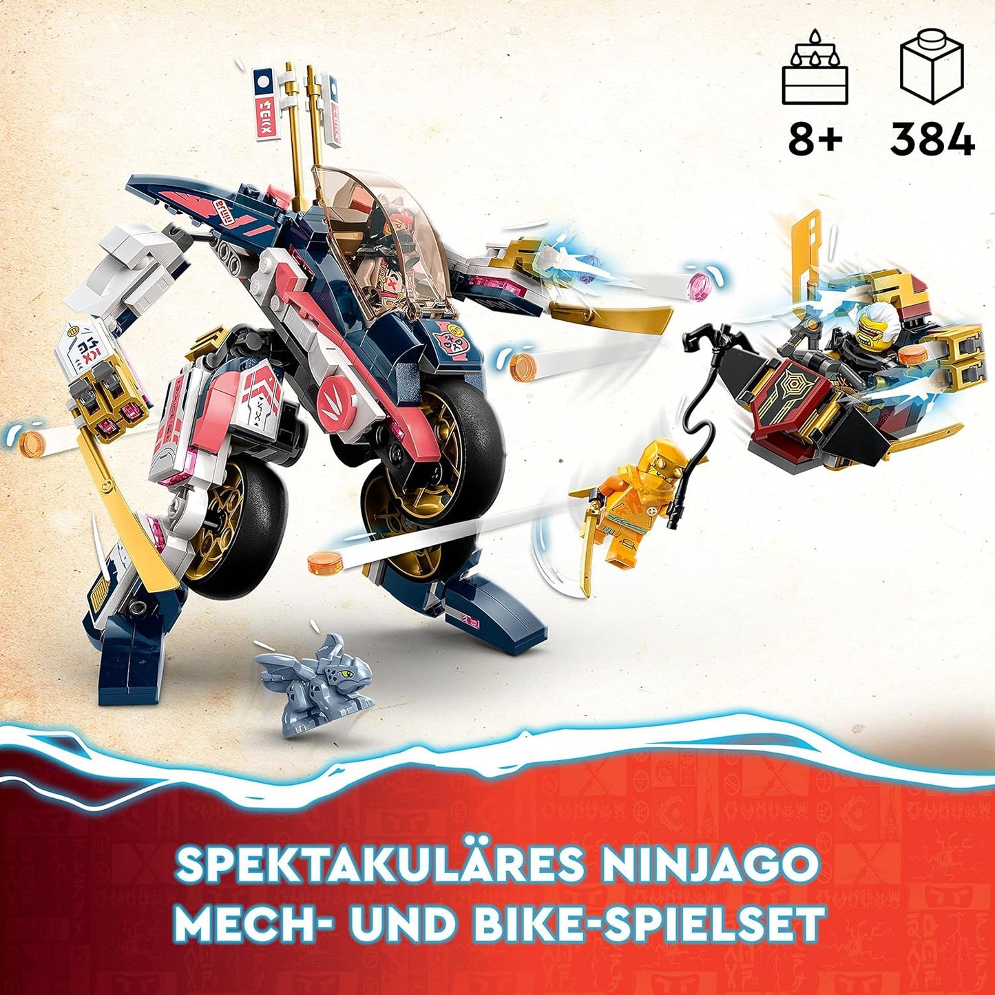 LEGO 71792 NINJAGO Soras transformierender Mech-Bike-Renner, 2in1 Set mit transformierender Mech-Actionfigur