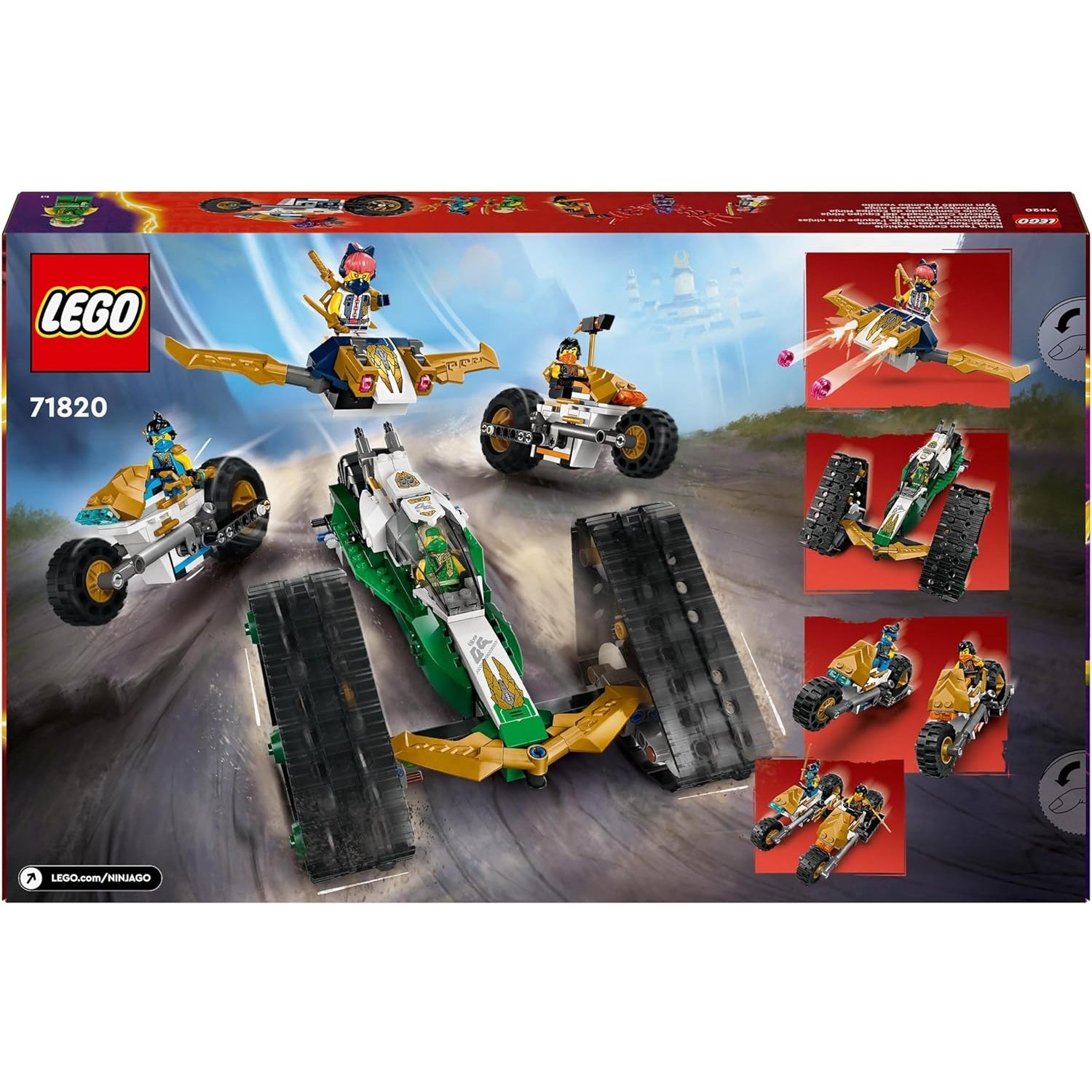 LEGO 71820 NINJAGO Kombi-Raupe des Ninja-Teams, 4-in-1-Set mit Gleiter, Rennauto