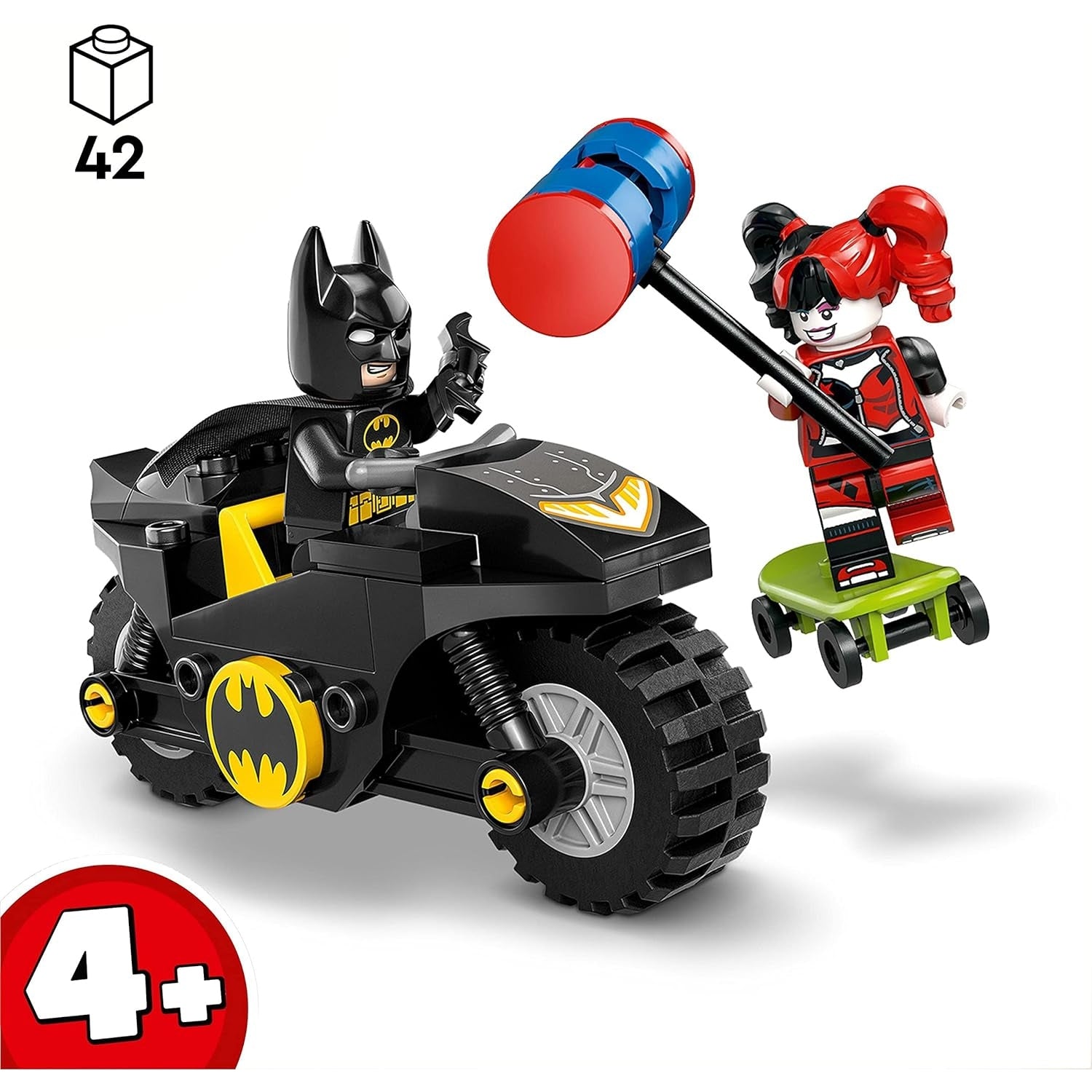 LEGO 76220 DC Batman vs. Harley Quinn, Superhelden-Set mit Action Figuren, Skateboard und Motorrad