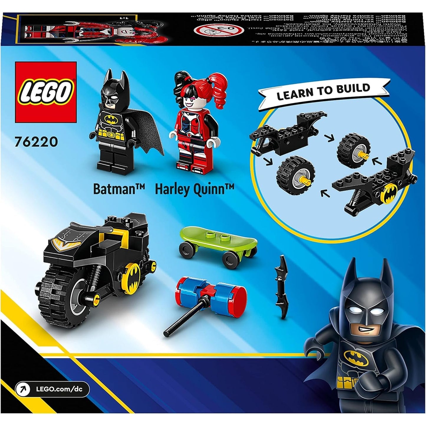 LEGO 76220 DC Batman vs. Harley Quinn, Superhelden-Set mit Action Figuren, Skateboard und Motorrad