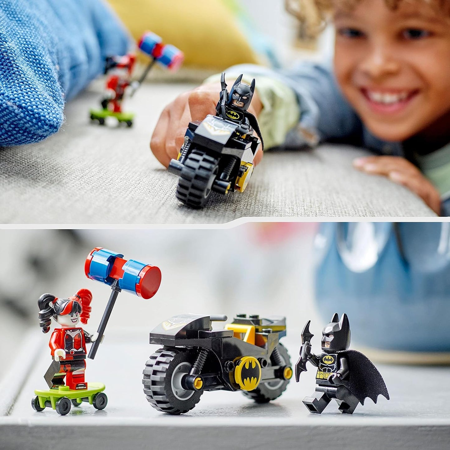 LEGO 76220 DC Batman vs. Harley Quinn, Superhelden-Set mit Action Figuren, Skateboard und Motorrad