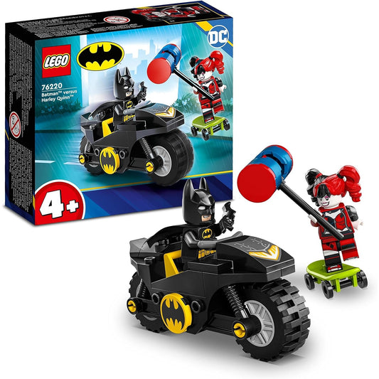 LEGO 76220 DC Batman vs. Harley Quinn, Superhelden-Set mit Action Figuren, Skateboard und Motorrad