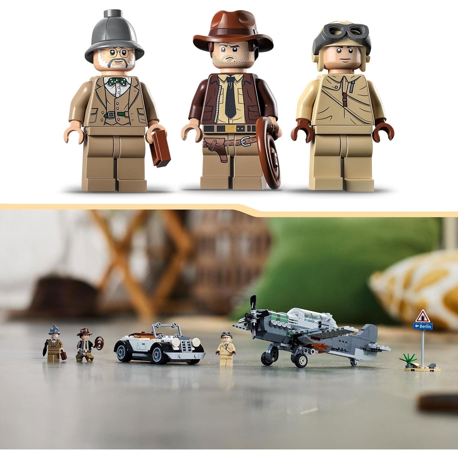 LEGO 77012 Indiana Jones Flucht vor dem Jagdflugzeug Action-Set mit baubarem Flugzeug und Oldtimer