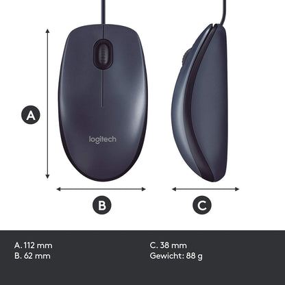 Logitech B100 Maus mit Kabel, USB-Anschluss, 800 DPI Optischer Sensor, 3 Tasten