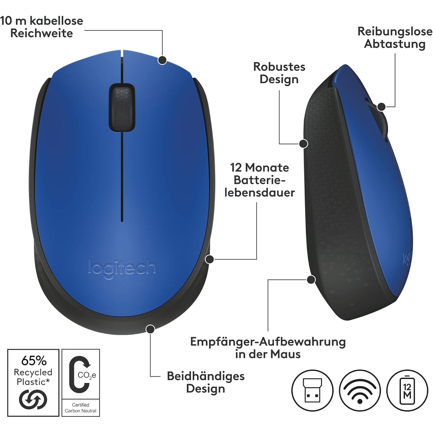 Logitech M171 Kabellose Maus, 2.4 GHz Verbindung via USB-Empfänger, Optischer Sensor, 12-Monate Akkulaufzeit