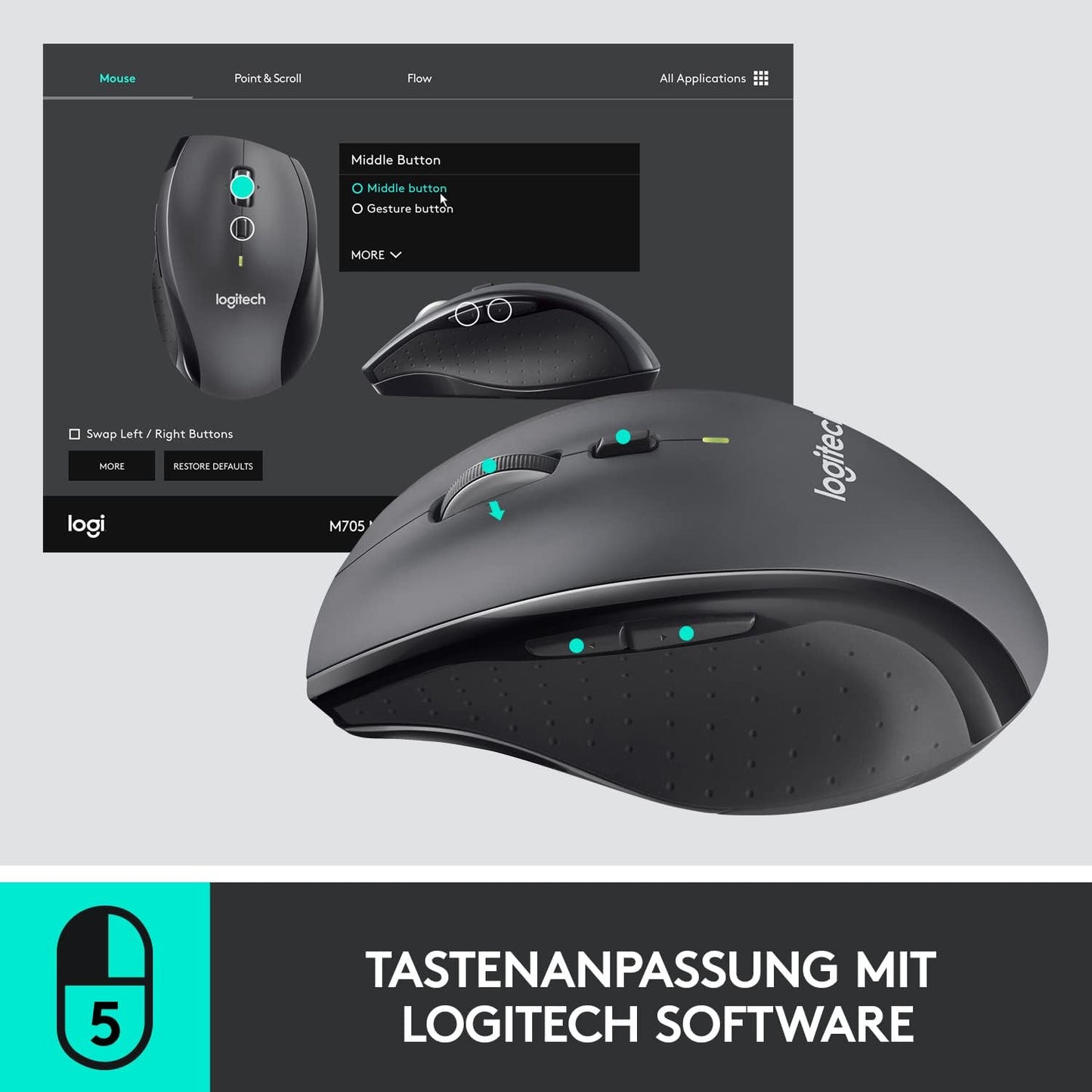 Logitech M705 Marathon Kabellose Maus, 2.4 GHz Verbindung via Unifying USB-Empfänger, 1000 DPI Laser-Sensor