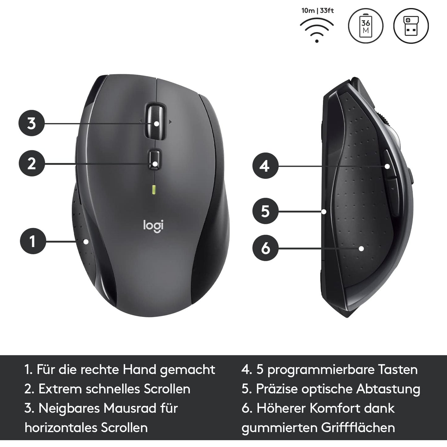 Logitech M705 Marathon Kabellose Maus, 2.4 GHz Verbindung via Unifying USB-Empfänger, 1000 DPI Laser-Sensor