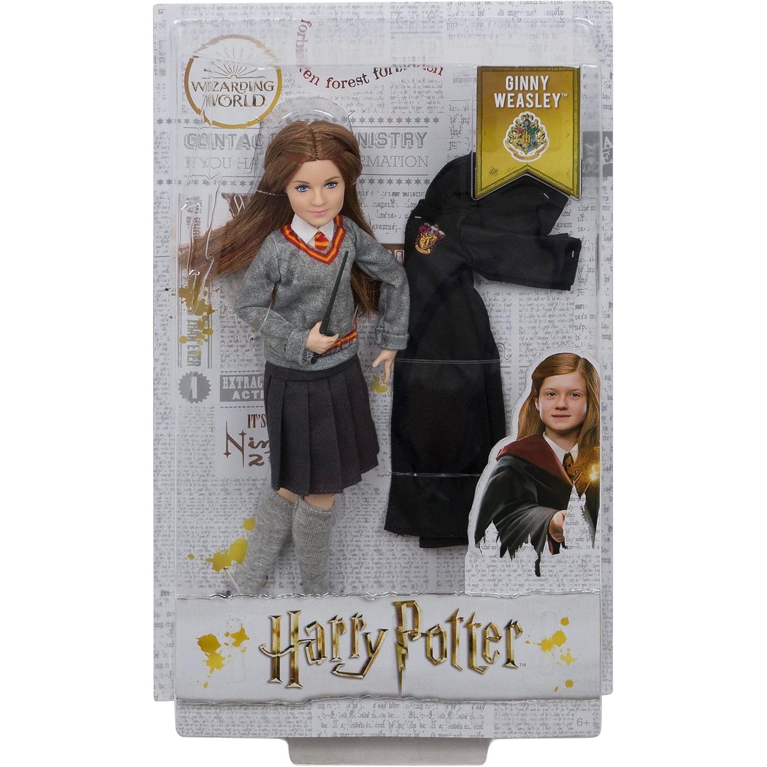 Mattel HARRY POTTER Ginny Weasley Hogwarts-Uniform, Gryffindor-Robe und personalisierter Zauberstab