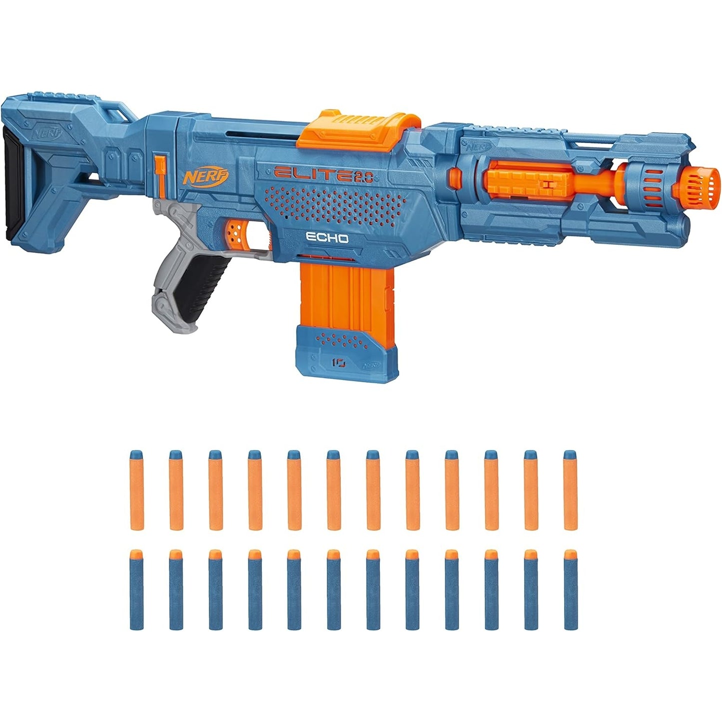 NERF Elite 2.0 Echo CS-10 Blaster 24 Darts, 10-Dart Clip-Magazin, Schulterstütze, Laufverlängerung, 4 Tactical Rails