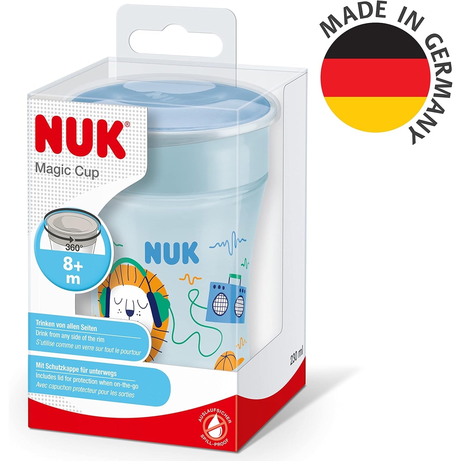 NUK Magic Cup Trinklernbecher | 8+ Monate | 230 ml | auslaufsicherer 360°-Trinkrand | BPA-frei | blauer Löwe