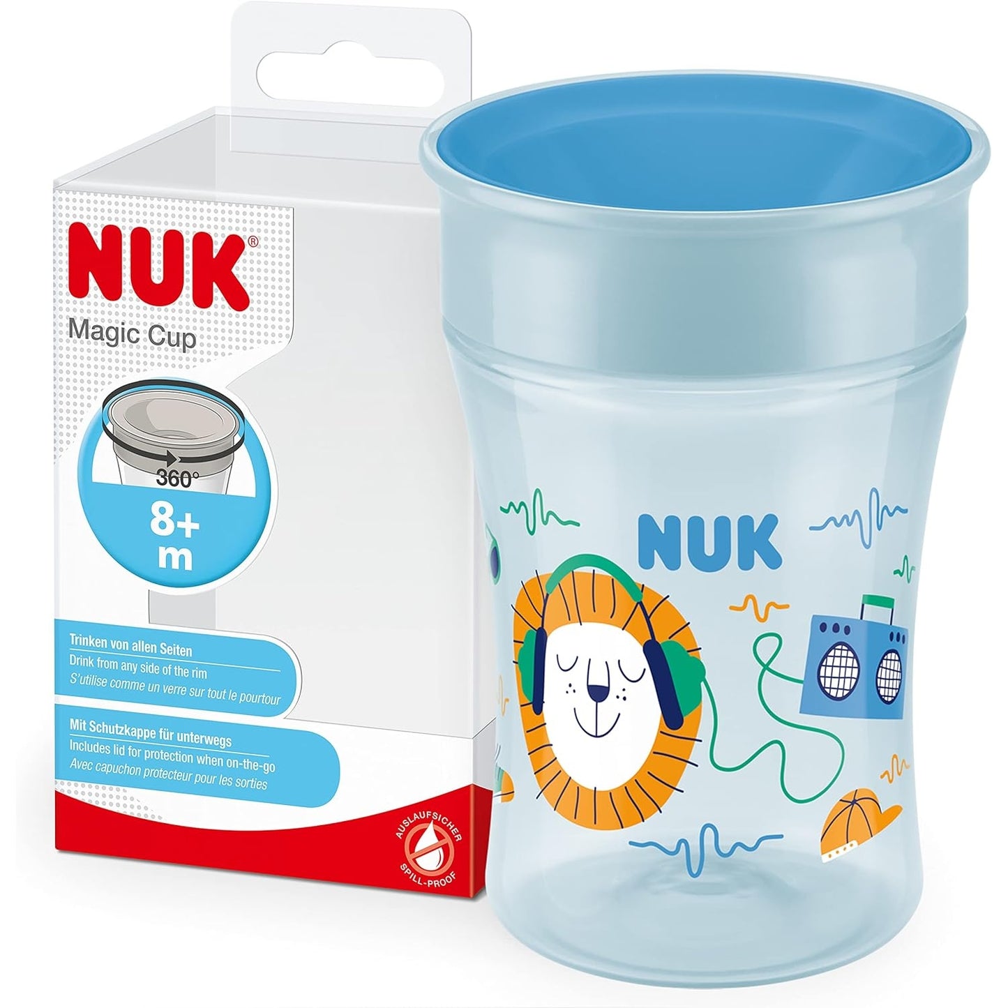 NUK Magic Cup Trinklernbecher | 8+ Monate | 230 ml | auslaufsicherer 360°-Trinkrand | BPA-frei | blauer Löwe