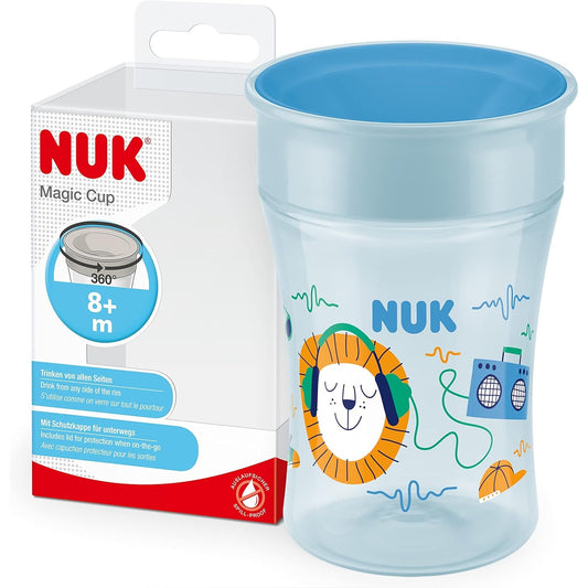 NUK Magic Cup Trinklernbecher | 8+ Monate | 230 ml | auslaufsicherer 360°-Trinkrand | BPA-frei | blauer Löwe