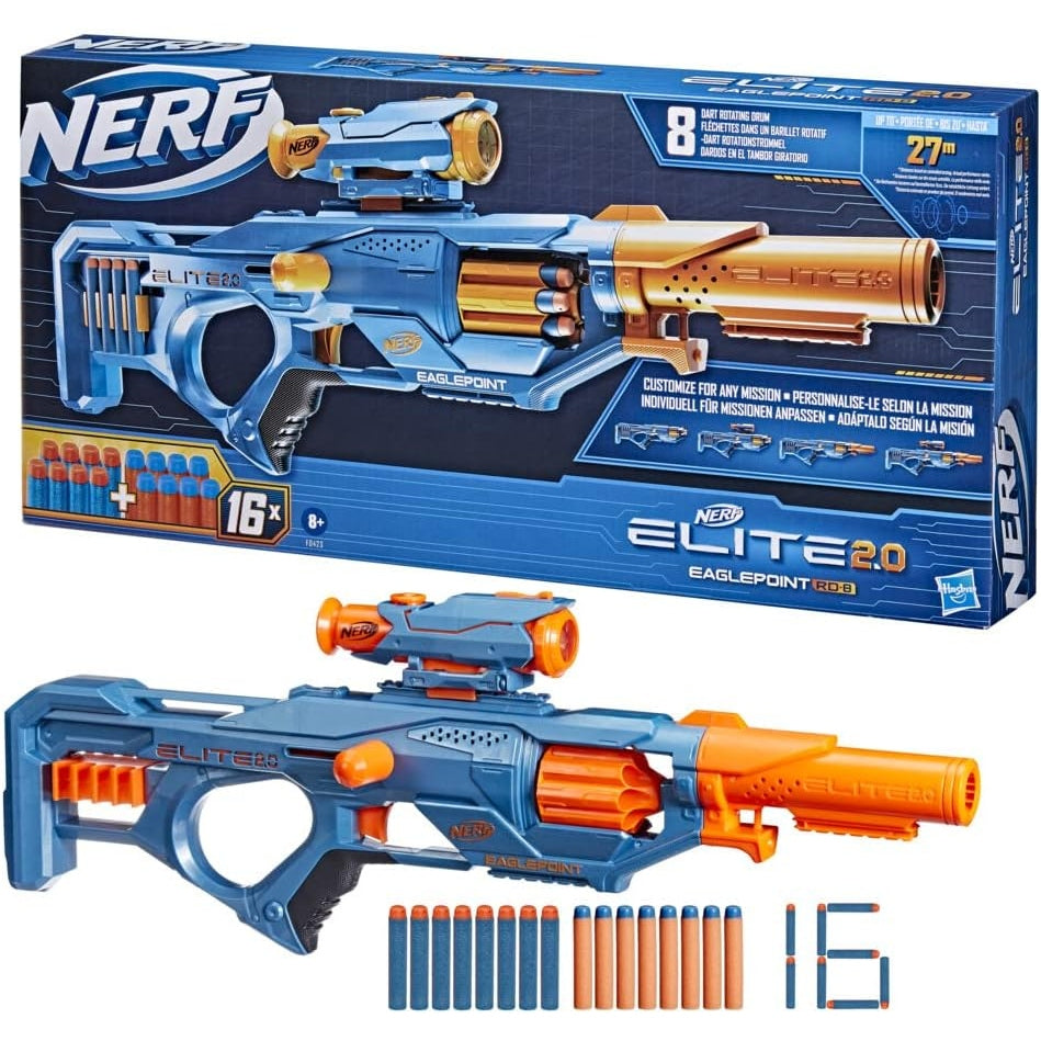 Nerf Elite 2.0 Eaglepoint RD-8 Blaster 8-Dart Trommel Abnehmbares Fernrohr und Abnehmbarer Lauf