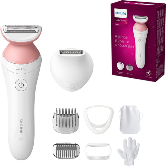 PHILIPS Lady Shaver Series 6000, Kabelloser Rasierer mit 6 Zubehörteilen Trimmer für die Bikinizone (Modell BRL146/00)