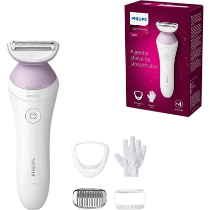 PHILIPS Lady Shaver Series 6000, Kabelloser Rasierer mit 6 Zubehörteilen Trimmer für die Bikinizone (Modell BRL146/00)