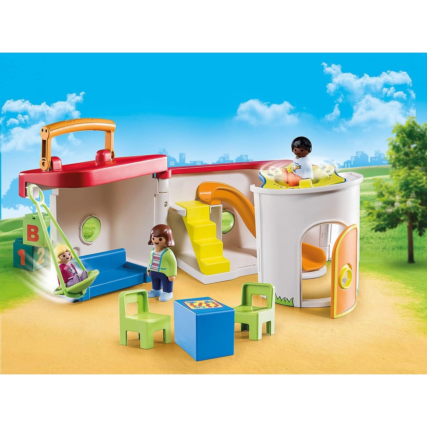 PLAYMOBIL 1.2.3 70399 Mein Mitnehm-Kindergarten mit Schaukel, Karussell und Rutsche