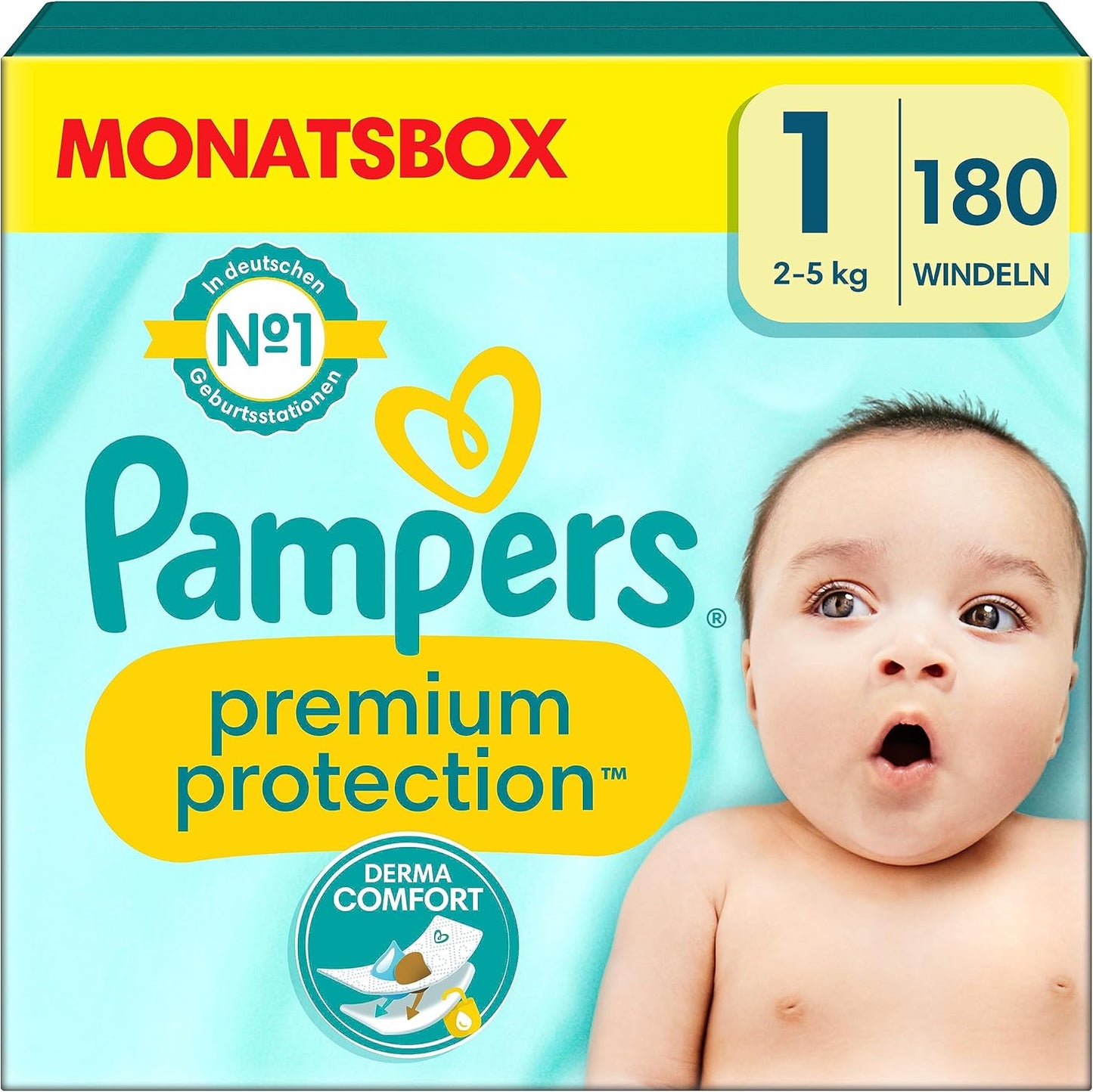 Pampers Baby Windeln Größe 1 (2-5kg) Premium Protection, Newborn, HALBMONATSBOX, 180 Stück