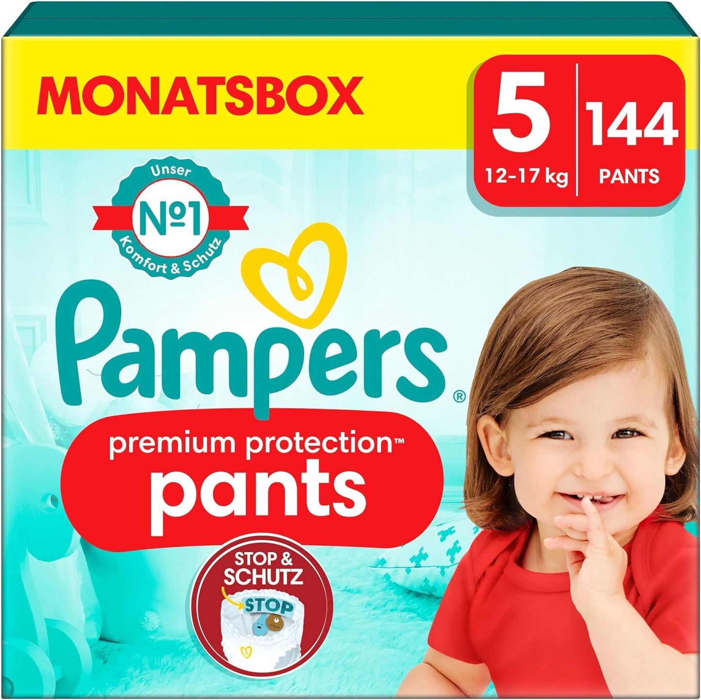 Pampers Baby Windeln Pants Größe 5 12-17kg Premium Protection, MONATSBOX, 144 Höschenwindeln