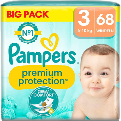 Pampers Premium Protection Größe 3, 68 Windeln, 6kg - 10kg, Komfort und Schutz empfindliche Haut