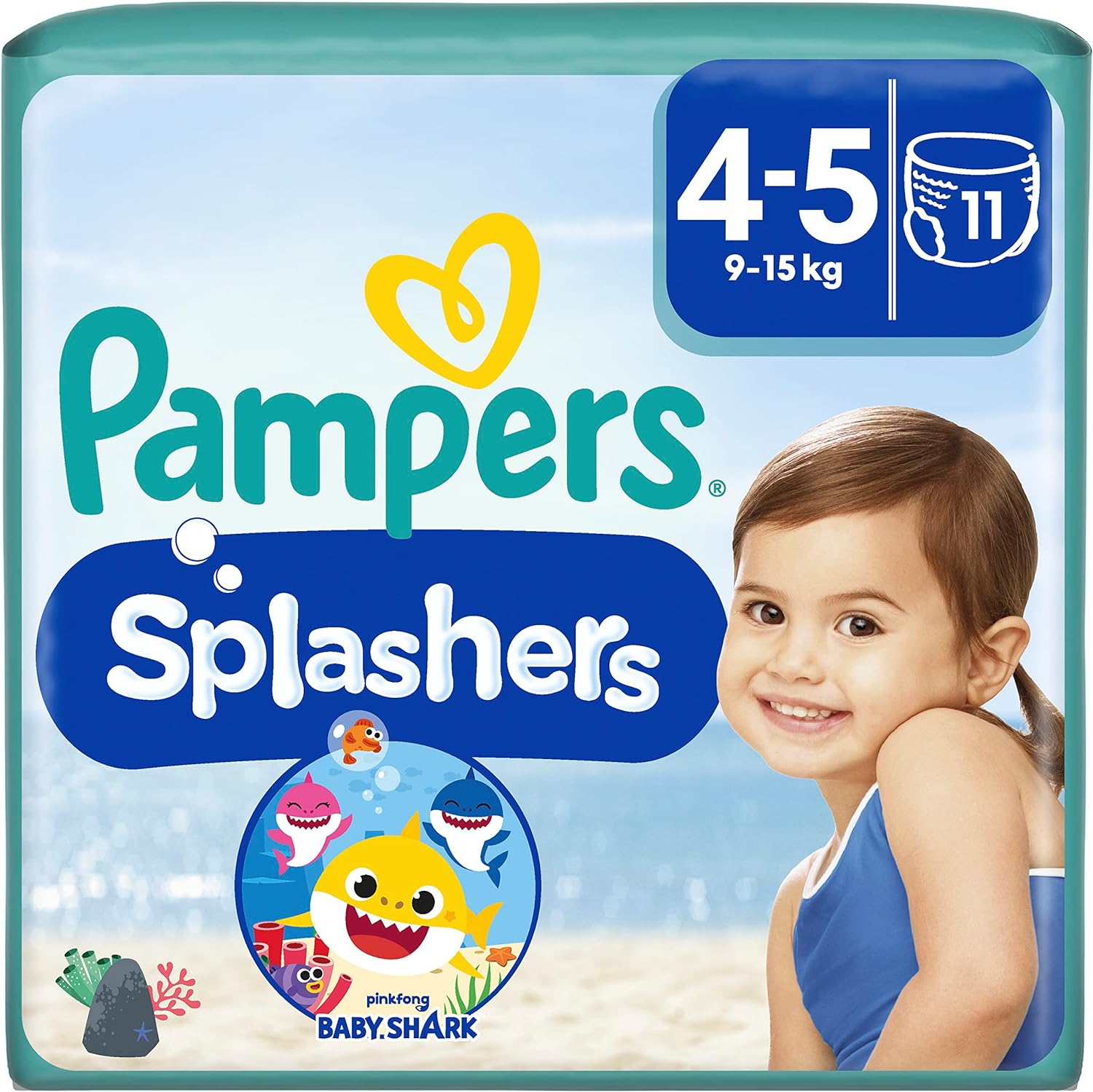 Pampers Windeln Größe 4-5, Splashers Baby Shark, 11 Stück, Einweg-Schwimmwindeln