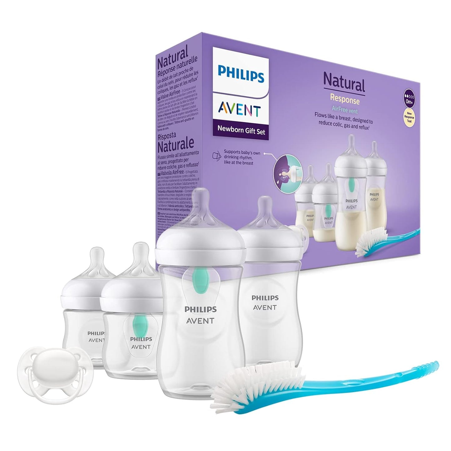 Philips Avent Babyflaschen mit AirFree Ventil, Geschenkset für Neugeborene 4 Babyflaschen, Schnuller und Flaschenbürste