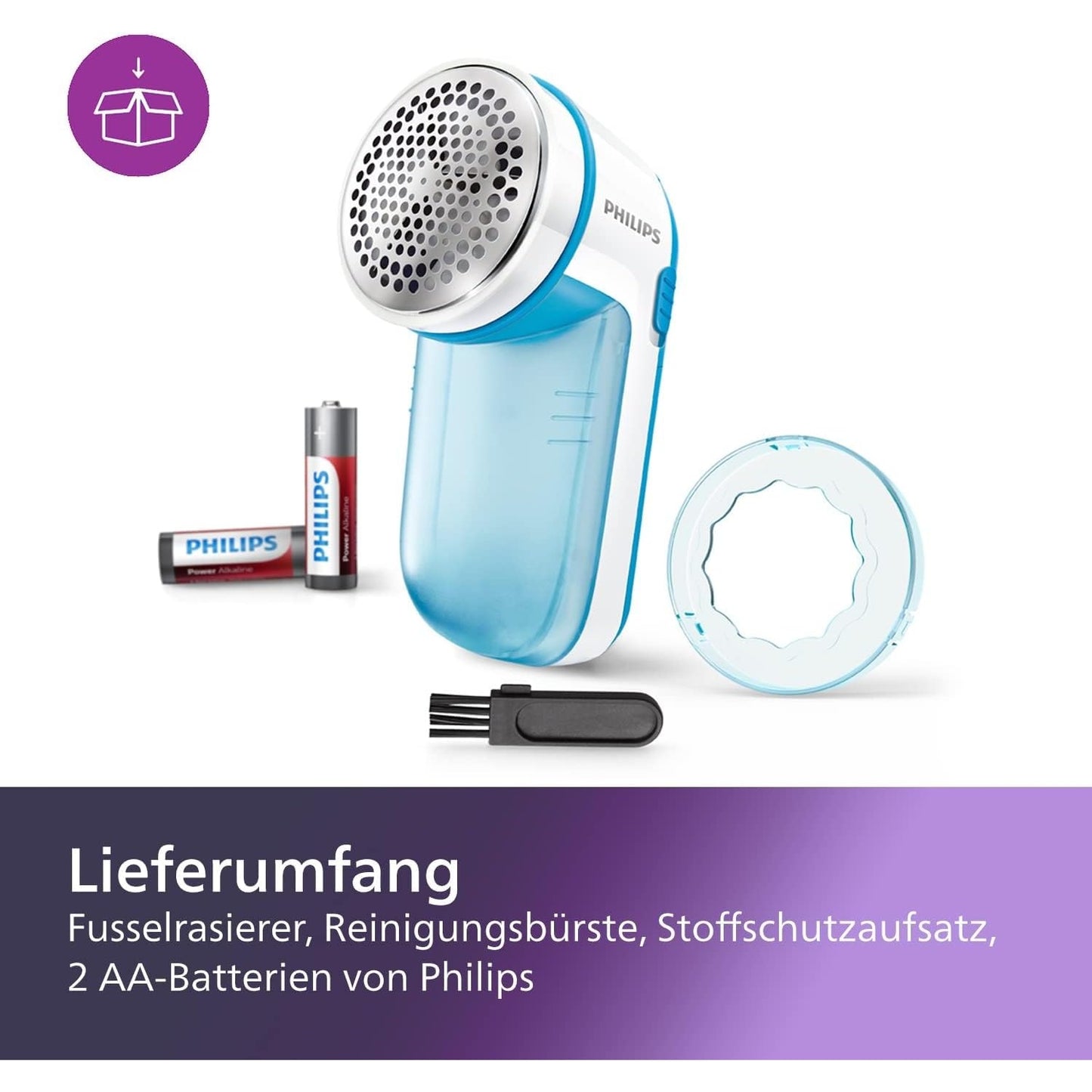 Philips GC026/00 Fusselentferner für verschiedene Stoffe, 2 Höheneinstellungen, batteriebetrieben, türkis