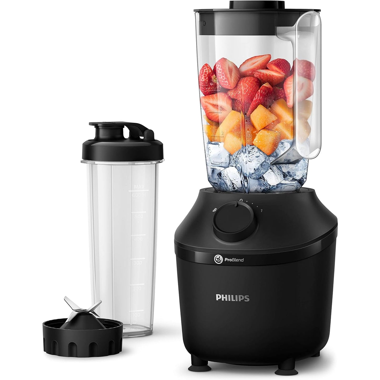 Philips HR2041/41 Standmixer (450 Watt, ProBlend-Technologie, 1,9 Liter Kunststoffbehälter, inkl. Trinkflasche) schwarz