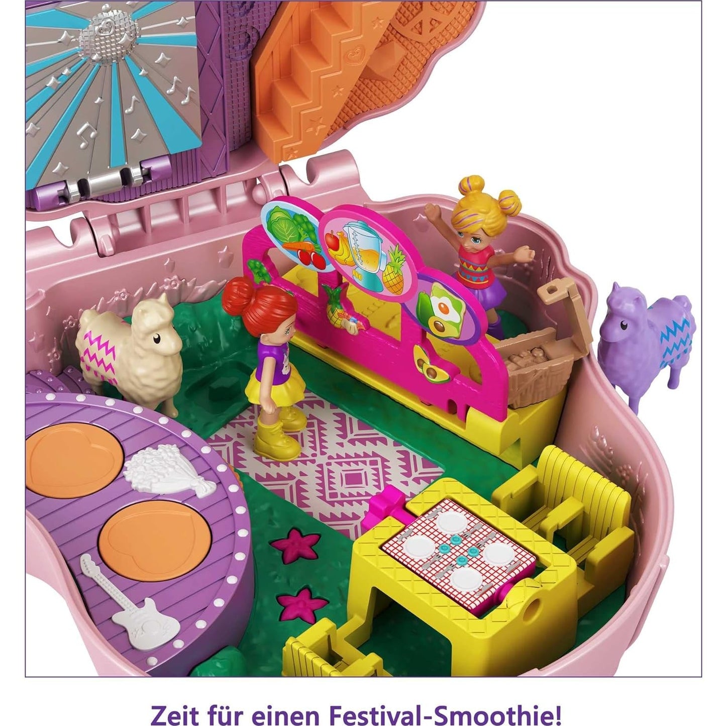 Polly Pocket GKJ50 Lama-Musikparty Schatulle, Bühne, drehbare Tanzfläche, Imbissstände