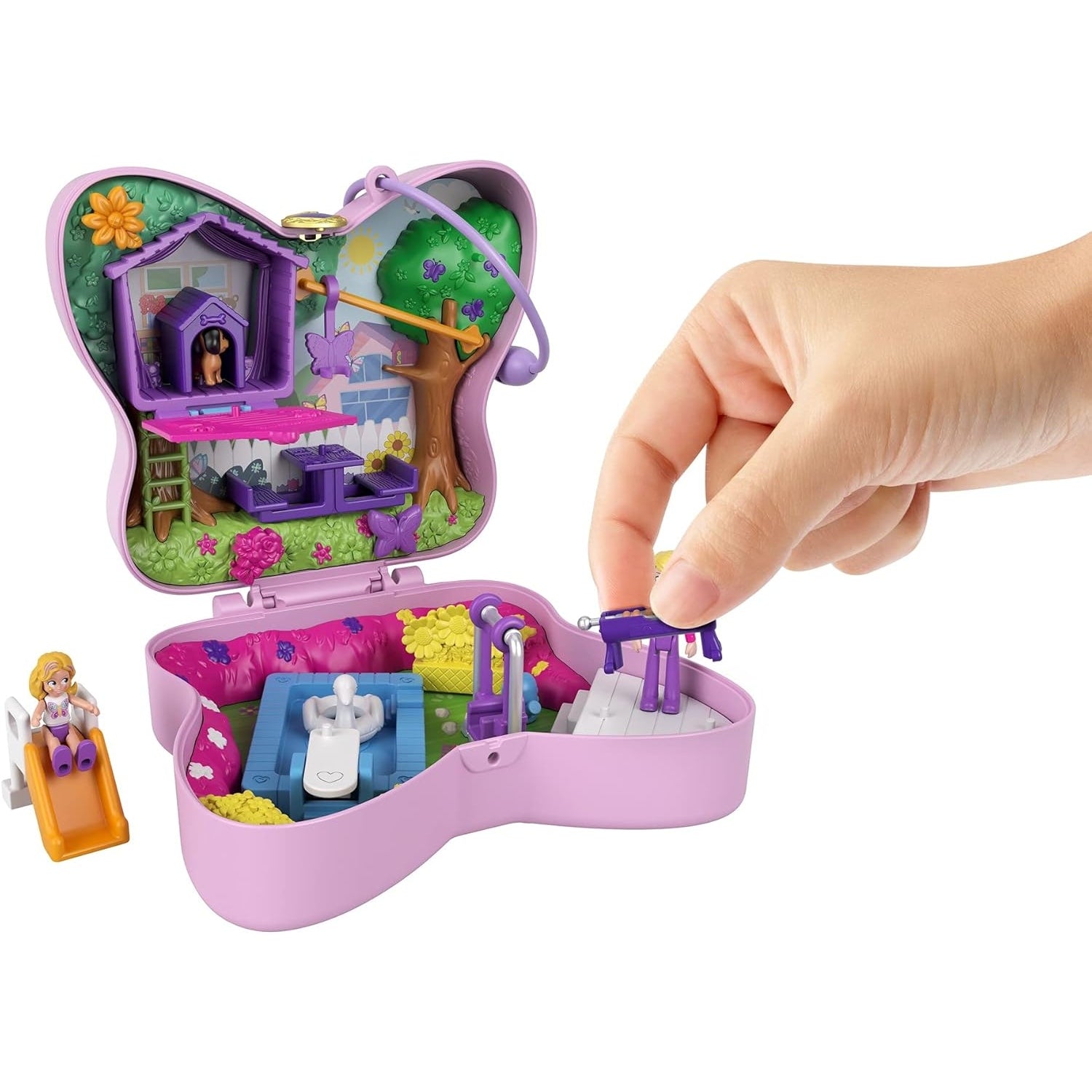 Polly Pocket GTN21 Schmetterlingsgarten-Schatulle, 2 kleine Puppen, 5 Überraschungen