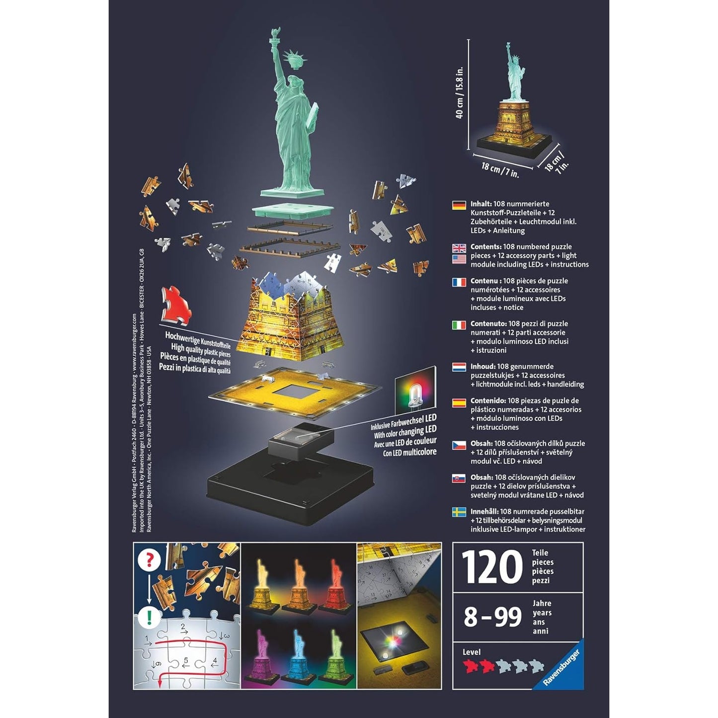 Ravensburger 3D Puzzle Freiheitsstatue bei Nacht 12596 - Das berühmte Bauwerk in New York als Night Edition mit LED